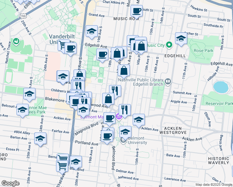map of restaurants, bars, coffee shops, grocery stores, and more near 1613 16th Avenue South in Nashville