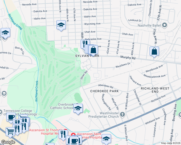 map of restaurants, bars, coffee shops, grocery stores, and more near 4617 Sloan Road in Nashville