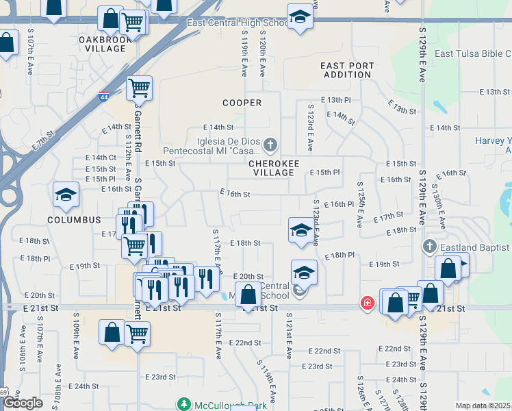 map of restaurants, bars, coffee shops, grocery stores, and more near 11927 East 16th Place in Tulsa