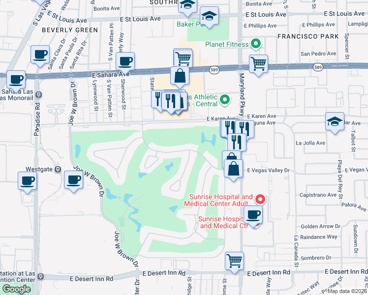 map of restaurants, bars, coffee shops, grocery stores, and more near 955 Vegas Valley Drive in Las Vegas