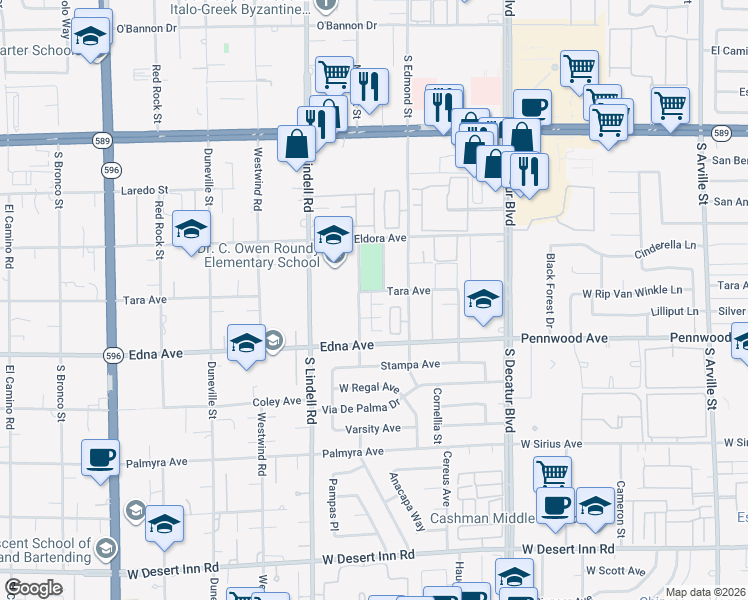 map of restaurants, bars, coffee shops, grocery stores, and more near 5310 Taravilla Circle in Las Vegas