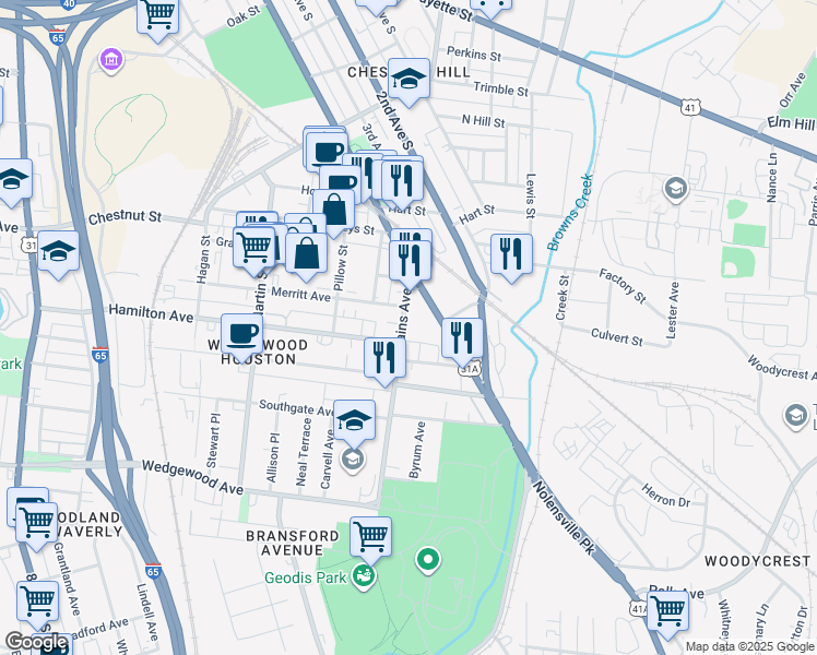 map of restaurants, bars, coffee shops, grocery stores, and more near 127 Rains Avenue in Nashville