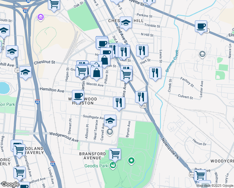map of restaurants, bars, coffee shops, grocery stores, and more near 127 Rains Avenue in Nashville