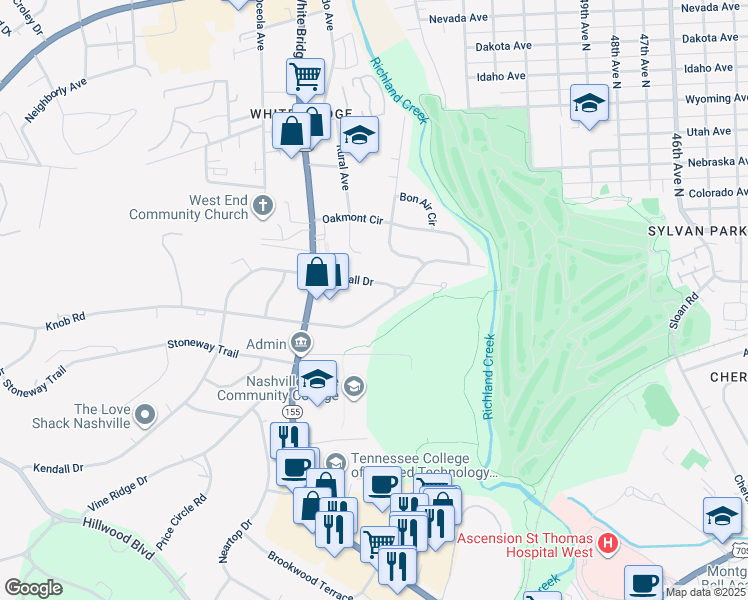 map of restaurants, bars, coffee shops, grocery stores, and more near 5535B Knob Road in Nashville