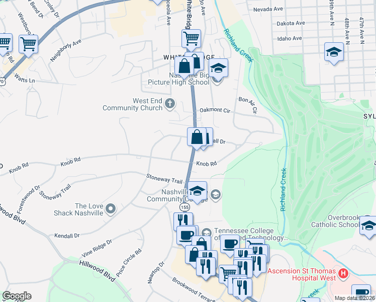 map of restaurants, bars, coffee shops, grocery stores, and more near 5572 Knob Road in Nashville