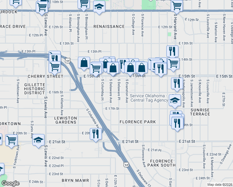 map of restaurants, bars, coffee shops, grocery stores, and more near 1617 South Delaware Avenue in Tulsa