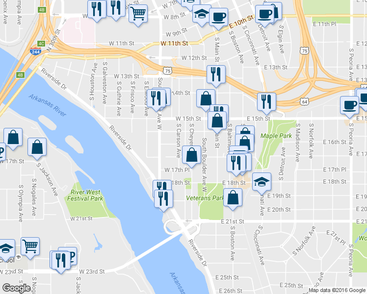 map of restaurants, bars, coffee shops, grocery stores, and more near 1638 South Carson Avenue in Tulsa