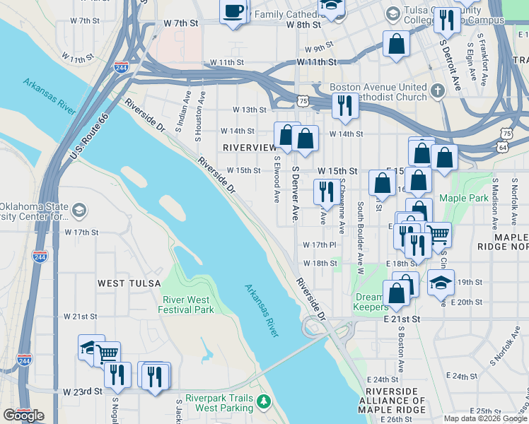 map of restaurants, bars, coffee shops, grocery stores, and more near 1700 Riverside Drive in Tulsa