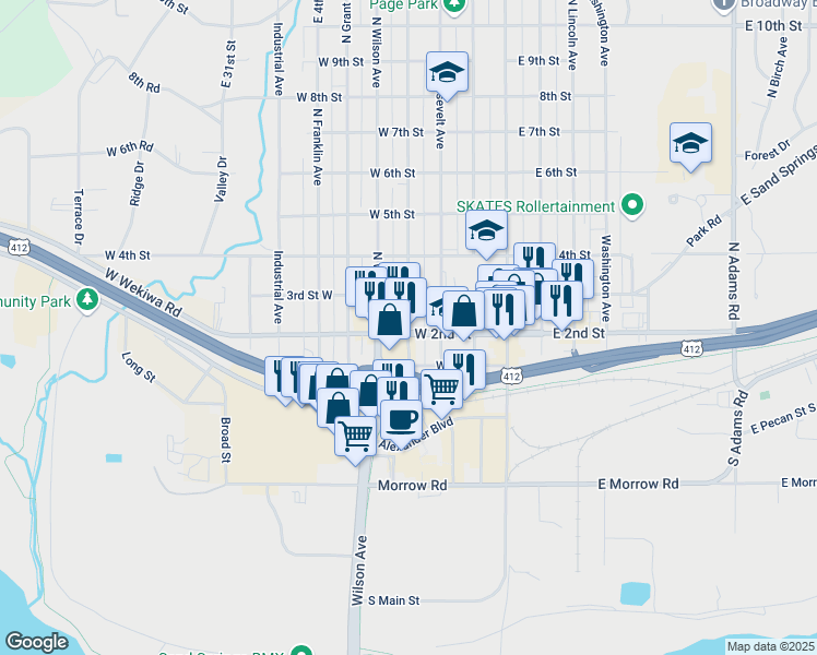 map of restaurants, bars, coffee shops, grocery stores, and more near 113 North Cleveland Avenue in Sand Springs