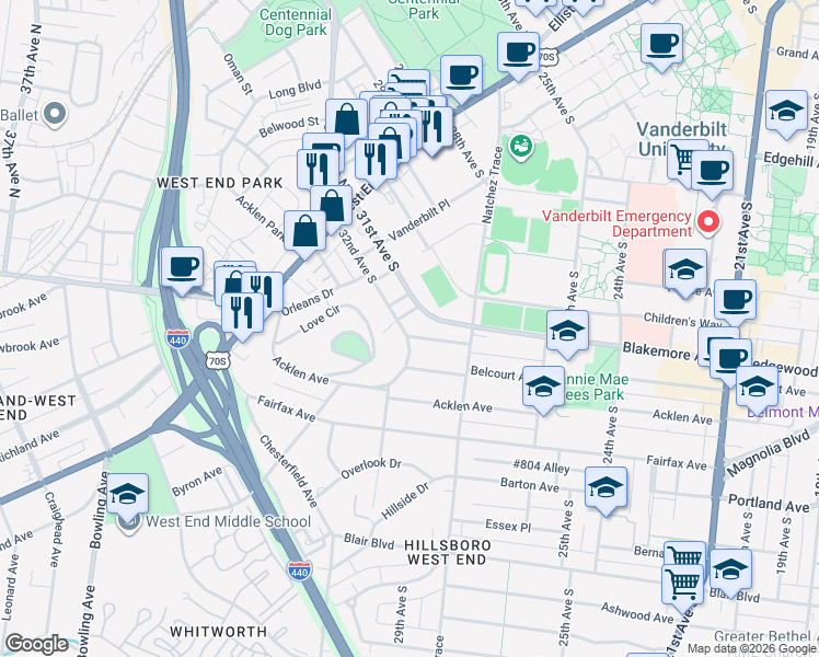 map of restaurants, bars, coffee shops, grocery stores, and more near 3205 Marlborough Avenue in Nashville