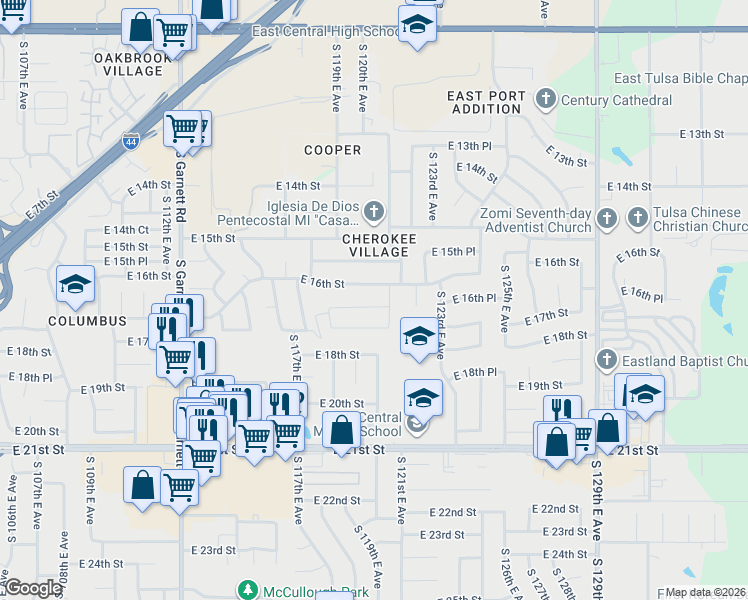 map of restaurants, bars, coffee shops, grocery stores, and more near 11960 East 16th Place in Tulsa