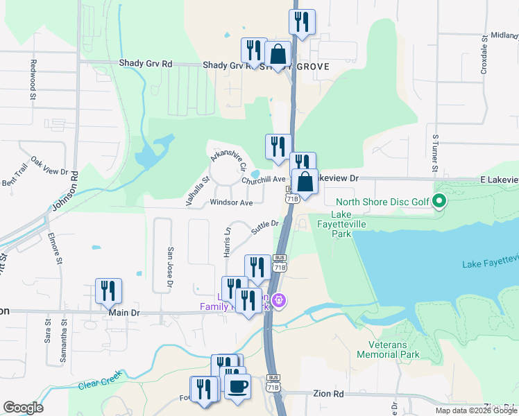 map of restaurants, bars, coffee shops, grocery stores, and more near 108 Suttle Drive in Springdale