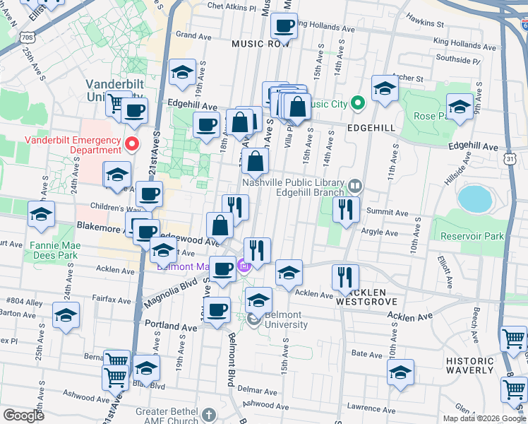 map of restaurants, bars, coffee shops, grocery stores, and more near 1701 Villa Place in Nashville