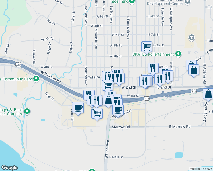 map of restaurants, bars, coffee shops, grocery stores, and more near 106 North Wilson Avenue in Sand Springs