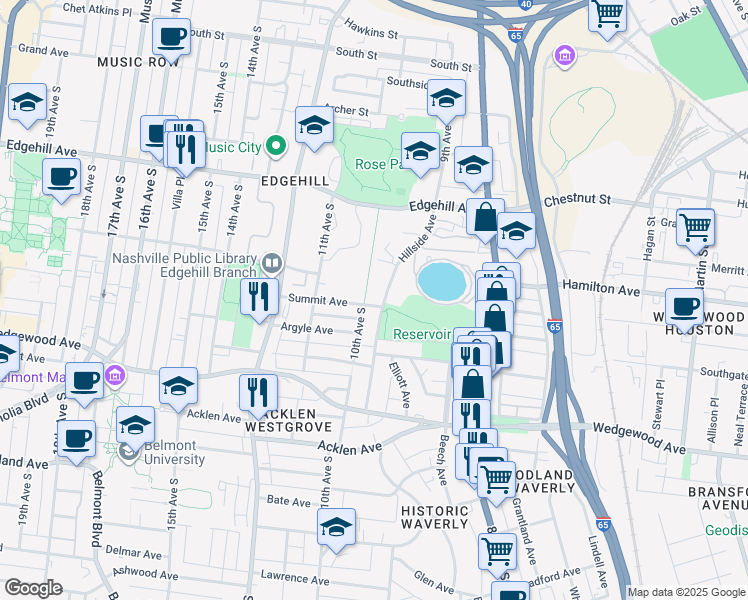 map of restaurants, bars, coffee shops, grocery stores, and more near 1611 Hillside Avenue in Nashville