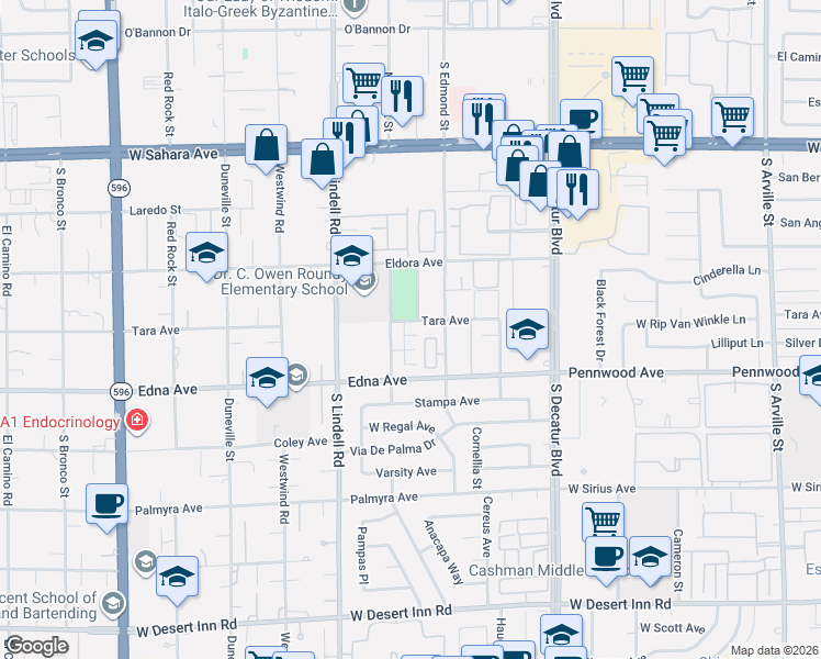 map of restaurants, bars, coffee shops, grocery stores, and more near 5310 Taravilla Circle in Las Vegas