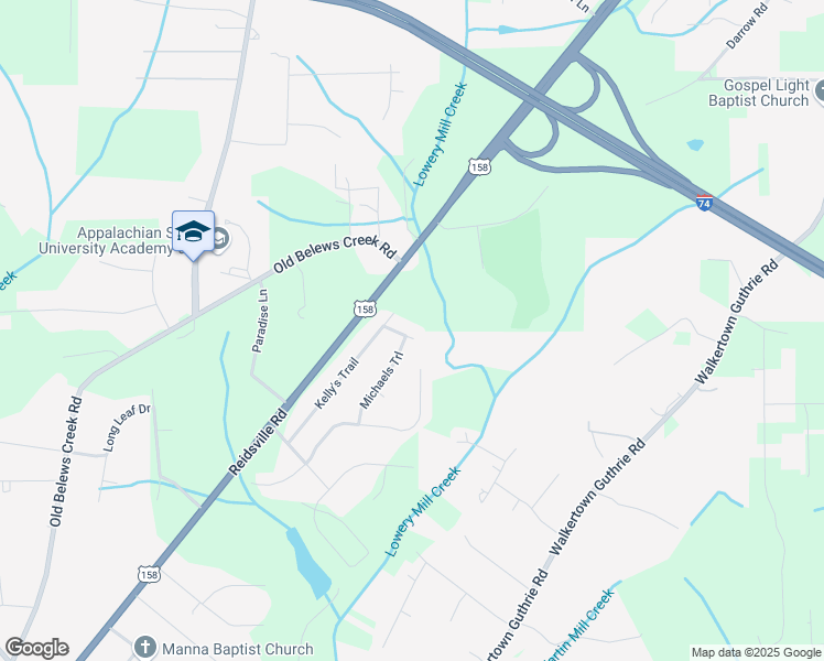 map of restaurants, bars, coffee shops, grocery stores, and more near 4689 Kellys Trail Court in Winston-Salem