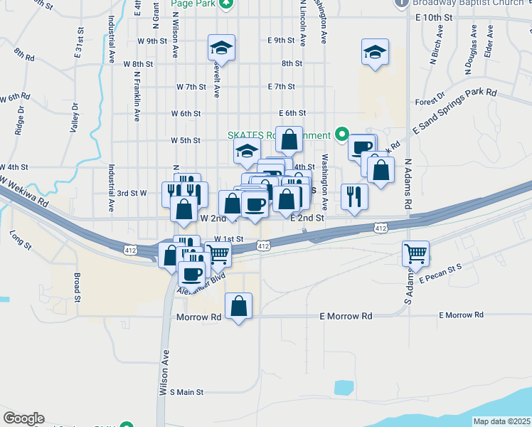 map of restaurants, bars, coffee shops, grocery stores, and more near 205 North Main Street in Sand Springs