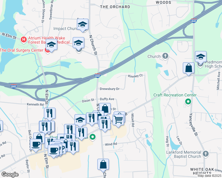 map of restaurants, bars, coffee shops, grocery stores, and more near 113 Drewsbury Drive in Greensboro