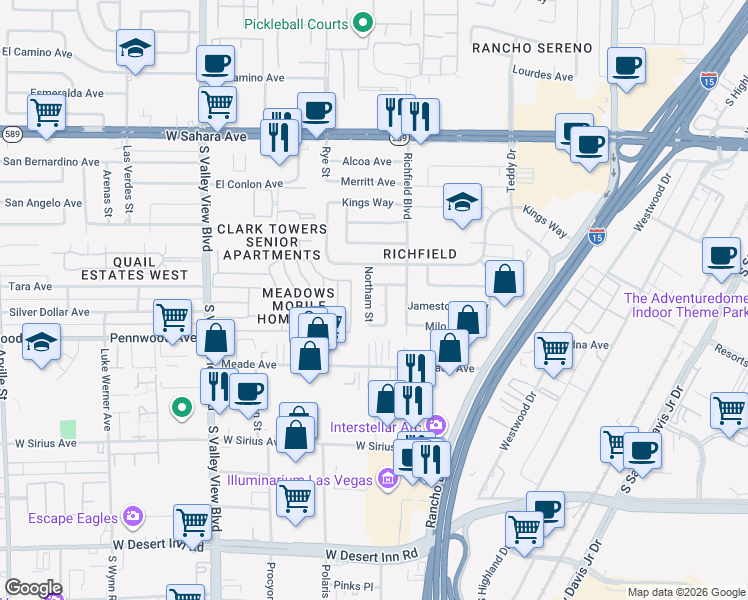 map of restaurants, bars, coffee shops, grocery stores, and more near 2825 Northam Street in Las Vegas