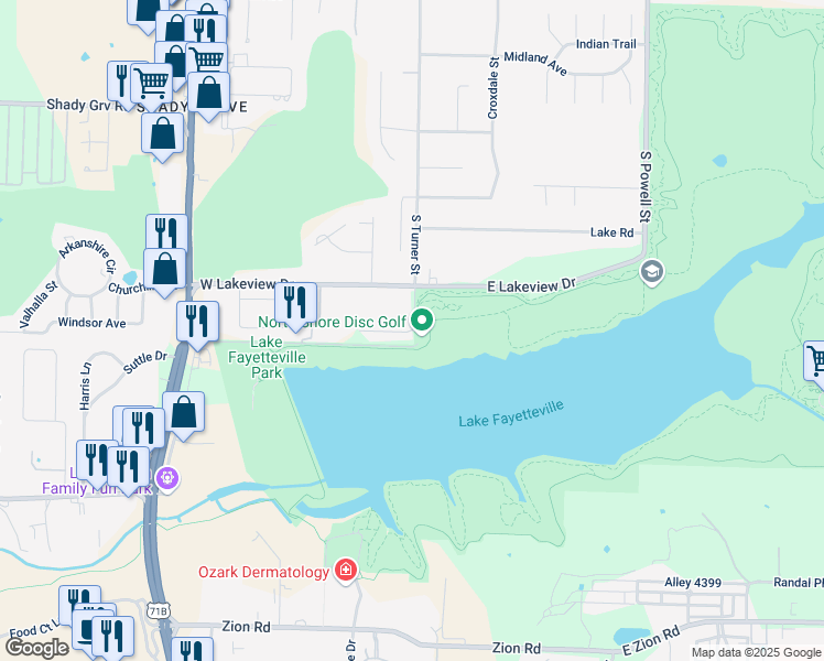 map of restaurants, bars, coffee shops, grocery stores, and more near 100 Shoreline Drive in Springdale