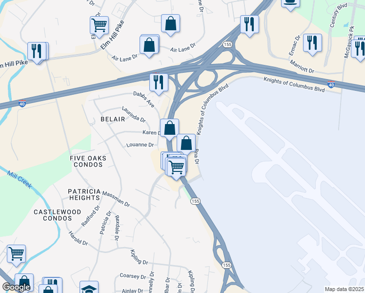map of restaurants, bars, coffee shops, grocery stores, and more near 404 Bna Drive in Nashville