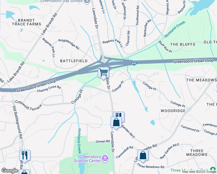 map of restaurants, bars, coffee shops, grocery stores, and more near 4709 Lawndale Drive in Greensboro