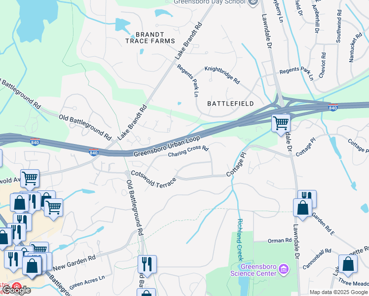 map of restaurants, bars, coffee shops, grocery stores, and more near 3512 Charing Cross Road in Greensboro