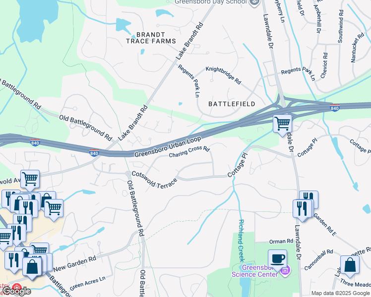 map of restaurants, bars, coffee shops, grocery stores, and more near 3512 Charing Cross Road in Greensboro