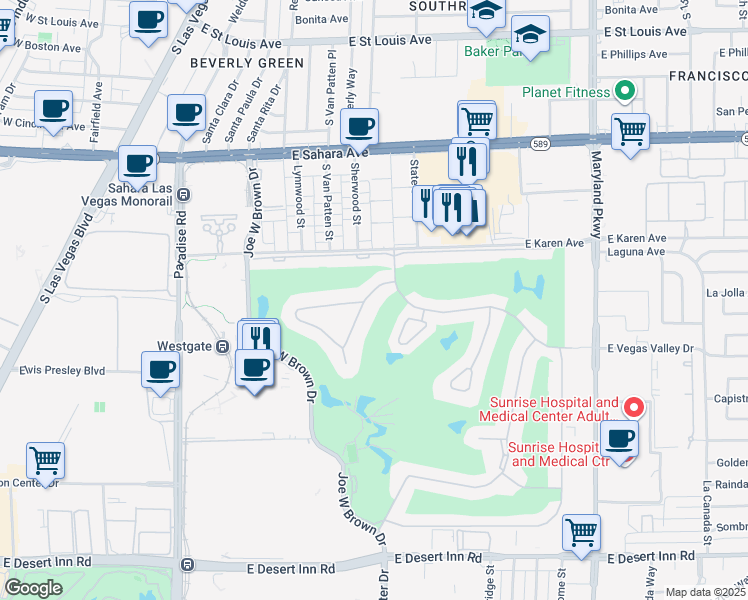 map of restaurants, bars, coffee shops, grocery stores, and more near 745 Oakmont Avenue in Las Vegas