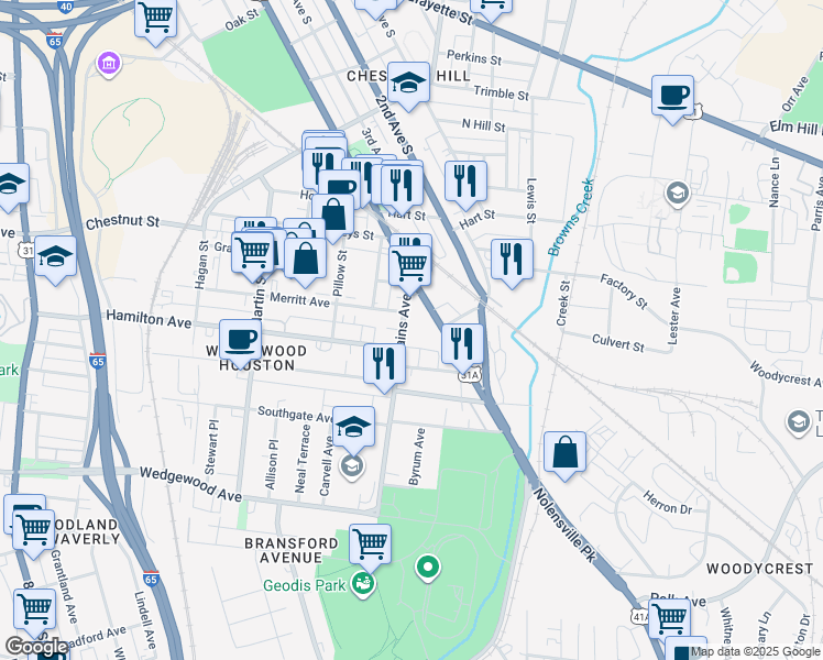 map of restaurants, bars, coffee shops, grocery stores, and more near 420 Mallory Street in Nashville