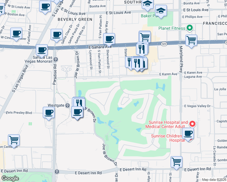 map of restaurants, bars, coffee shops, grocery stores, and more near 745 Oakmont Avenue in Las Vegas