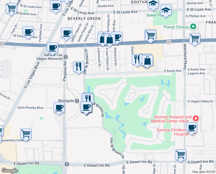 map of restaurants, bars, coffee shops, grocery stores, and more near 639 Oakmont Avenue in Las Vegas