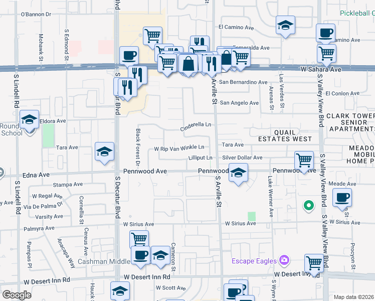 map of restaurants, bars, coffee shops, grocery stores, and more near 4509 Lilliput Lane in Las Vegas