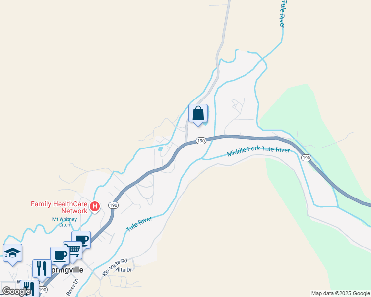map of restaurants, bars, coffee shops, grocery stores, and more near 36325 Highway 190 in Springville