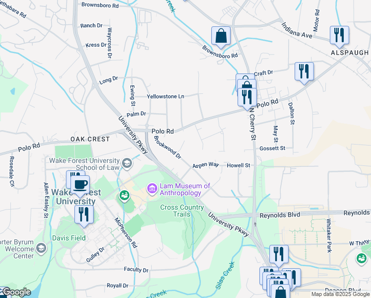 map of restaurants, bars, coffee shops, grocery stores, and more near 2102 Aspen Way in Winston-Salem