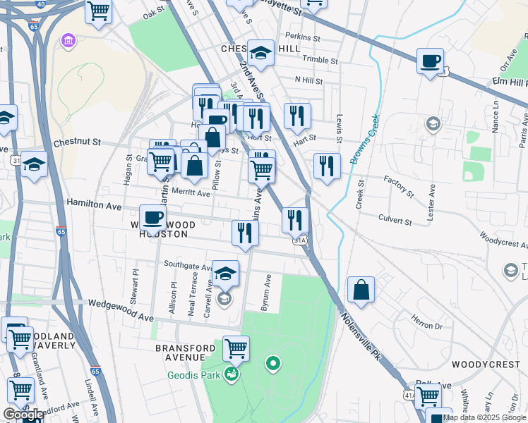 map of restaurants, bars, coffee shops, grocery stores, and more near 420 Mallory Street in Nashville