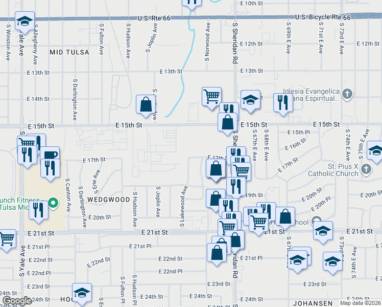 map of restaurants, bars, coffee shops, grocery stores, and more near 1720 South Lakewood Avenue in Tulsa