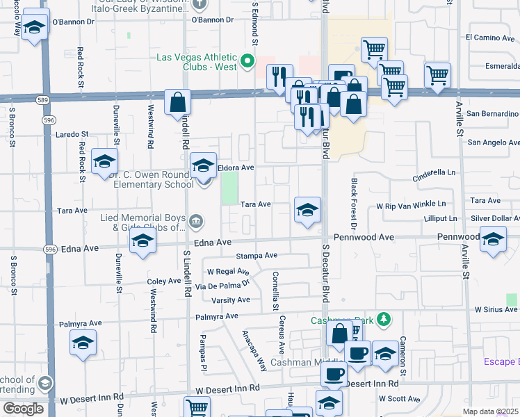 map of restaurants, bars, coffee shops, grocery stores, and more near 2810 South Edmond Street in Las Vegas
