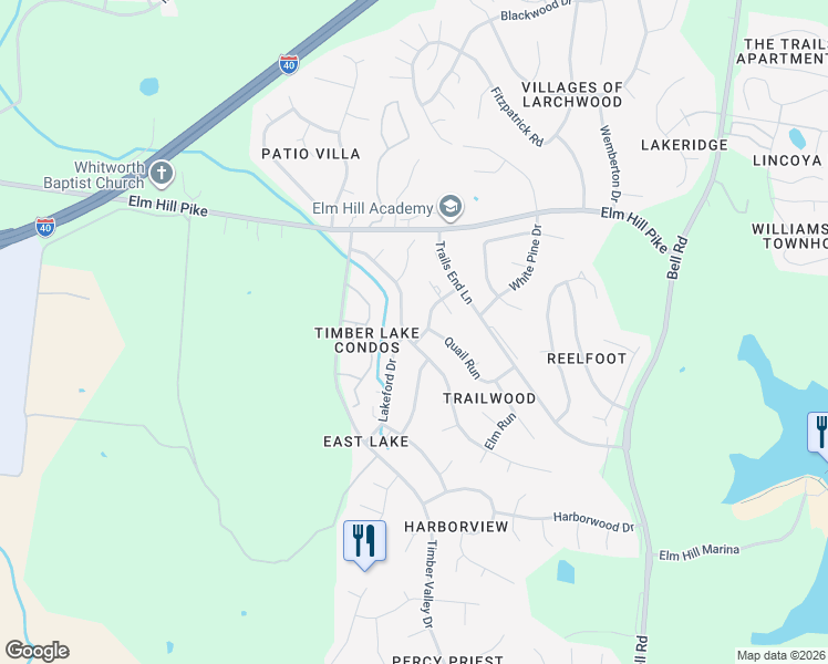 map of restaurants, bars, coffee shops, grocery stores, and more near 3203 East Lake Drive in Nashville