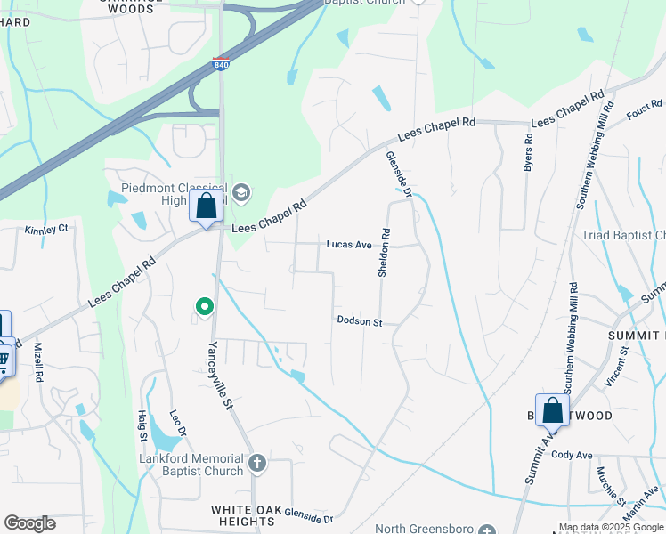 map of restaurants, bars, coffee shops, grocery stores, and more near 1515 Dodson Street in Greensboro