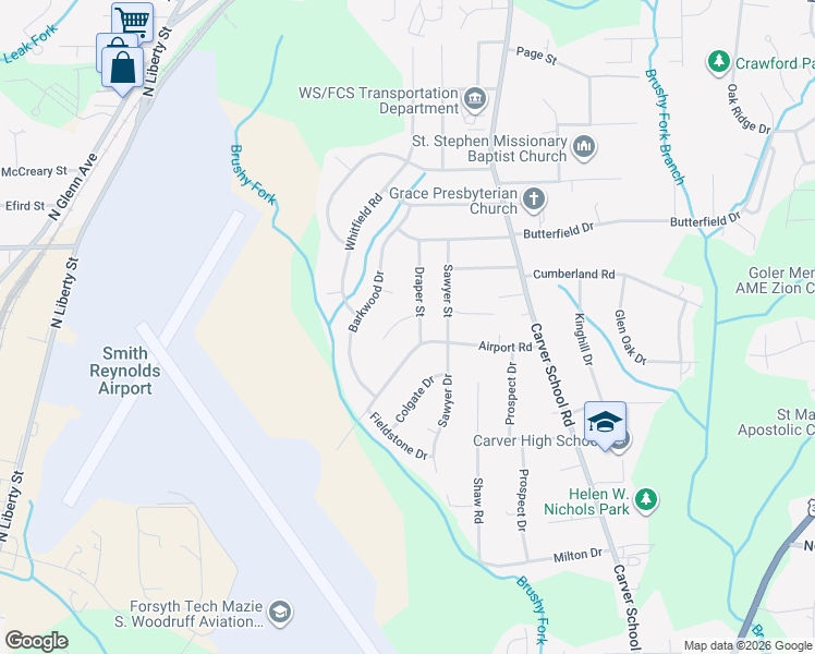 map of restaurants, bars, coffee shops, grocery stores, and more near 3035 Airport Road in Winston-Salem