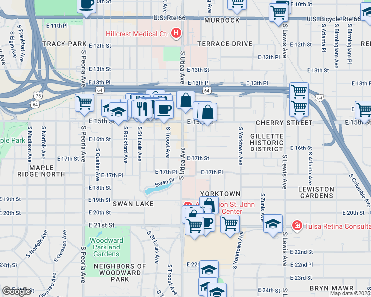 map of restaurants, bars, coffee shops, grocery stores, and more near 1704 South Utica Avenue in Tulsa