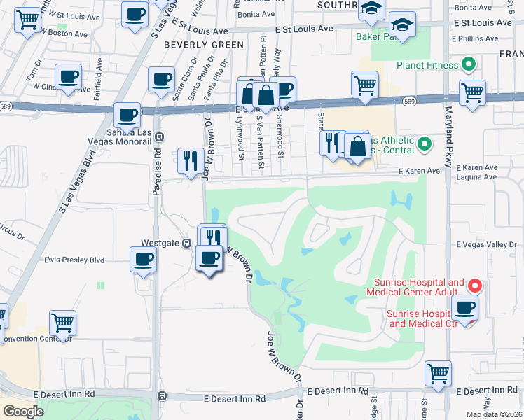 map of restaurants, bars, coffee shops, grocery stores, and more near 639 Oakmont Avenue in Las Vegas