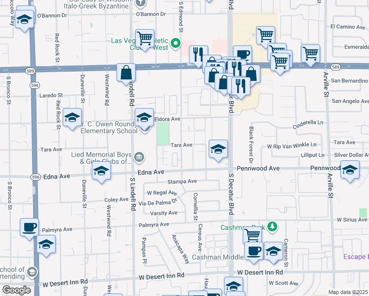 map of restaurants, bars, coffee shops, grocery stores, and more near 2810 South Edmond Street in Las Vegas