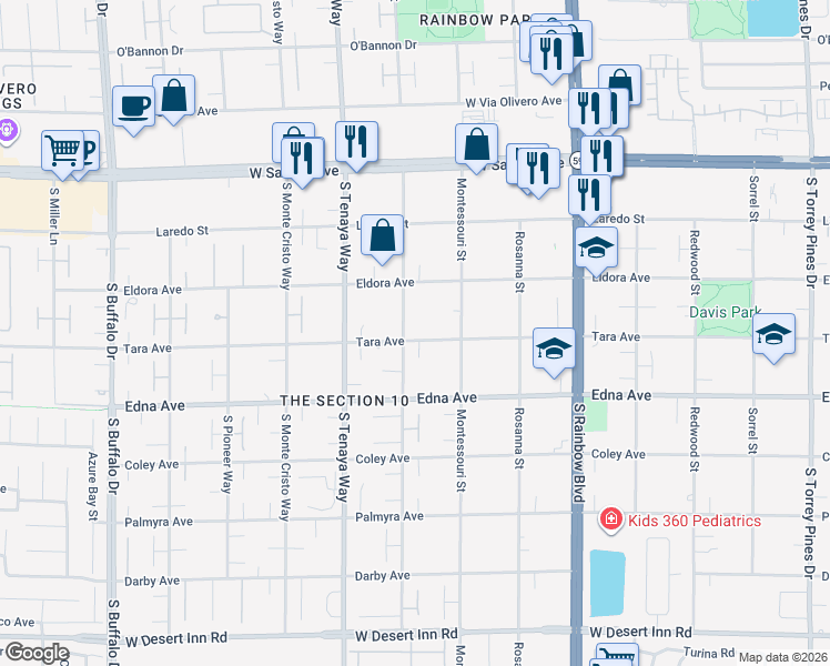 map of restaurants, bars, coffee shops, grocery stores, and more near 7195 Tara Avenue in Las Vegas