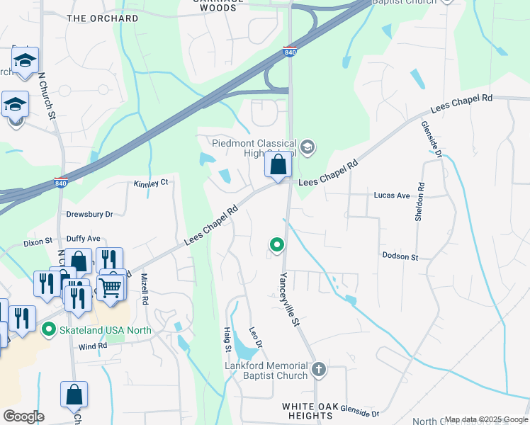 map of restaurants, bars, coffee shops, grocery stores, and more near 1372 Lees Chapel Road in Greensboro
