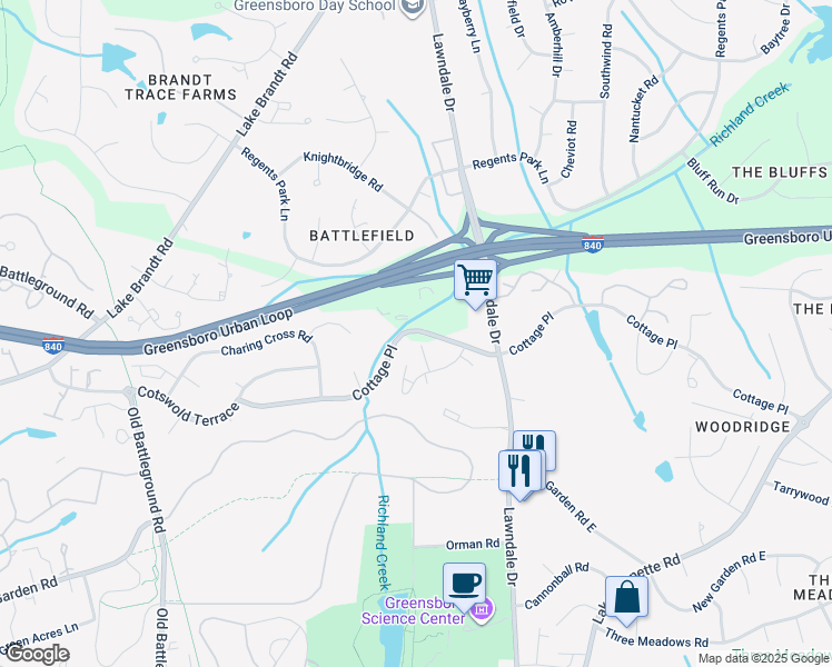 map of restaurants, bars, coffee shops, grocery stores, and more near 4505 Lawndale Drive in Greensboro