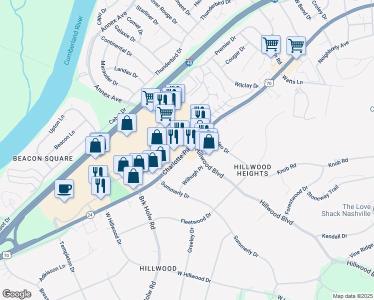 map of restaurants, bars, coffee shops, grocery stores, and more near 6611 Charlotte Pike in Nashville