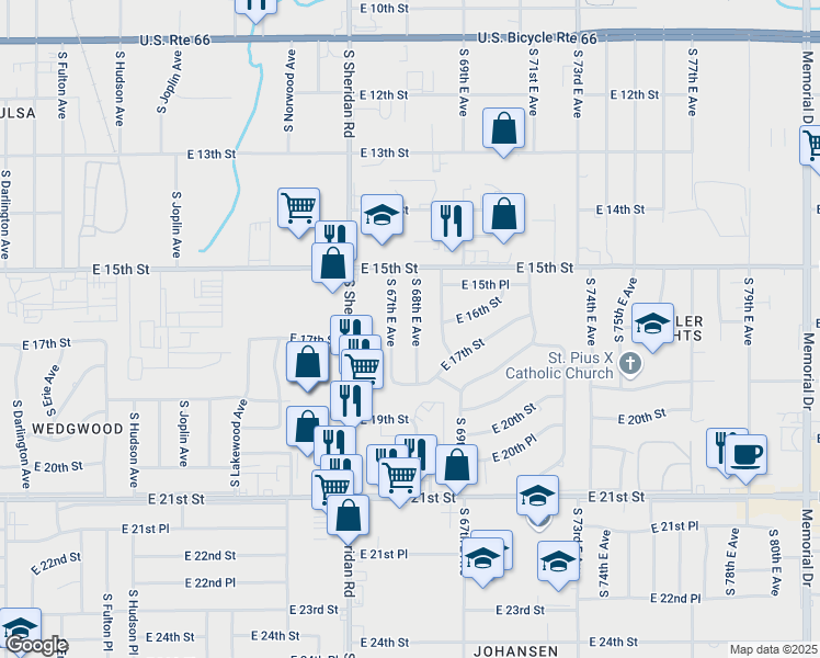 map of restaurants, bars, coffee shops, grocery stores, and more near 1556 South 68th East Avenue in Tulsa